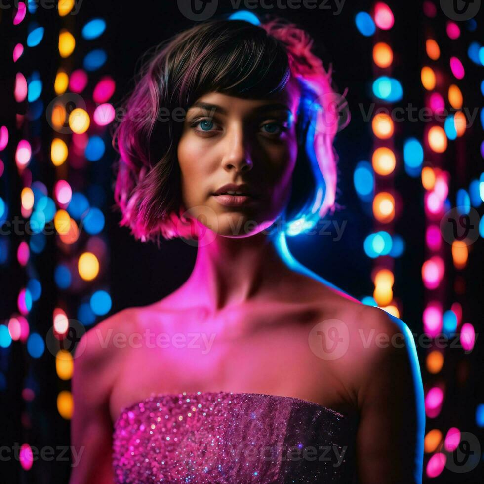 foto di bellissimo donna con corto capelli e misto rosa neon luce, generativo ai