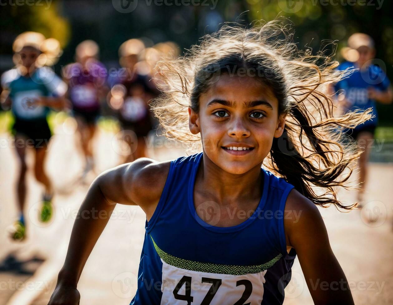 foto di ragazza bambini in esecuzione gara sport a scuola, generativo ai
