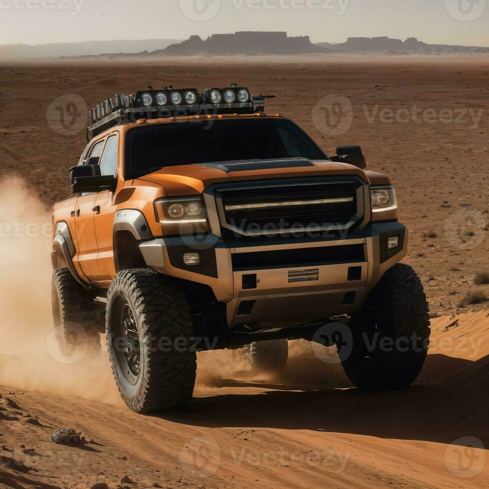 foto di camion nel caldo sabbia deserto, generativo ai