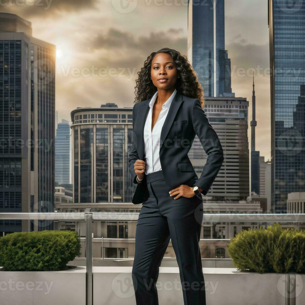 foto di inteligente africano donna con nero attività commerciale completo da uomo a grande moderno città, generativo ai