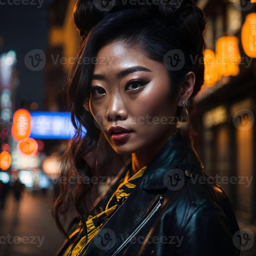 foto di asiatico donna a strada notte con luce, generativo ai