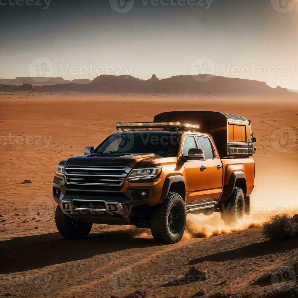 foto di camion nel caldo sabbia deserto, generativo ai