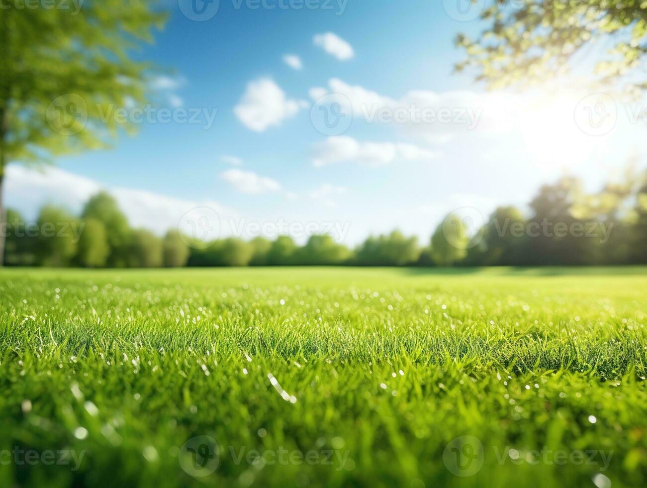 sfocato sfondo di primavera natura con un' bene rifilato prato contro un' blu cielo e nuvole su un' luminosa soleggiato giorno. generativo ai foto