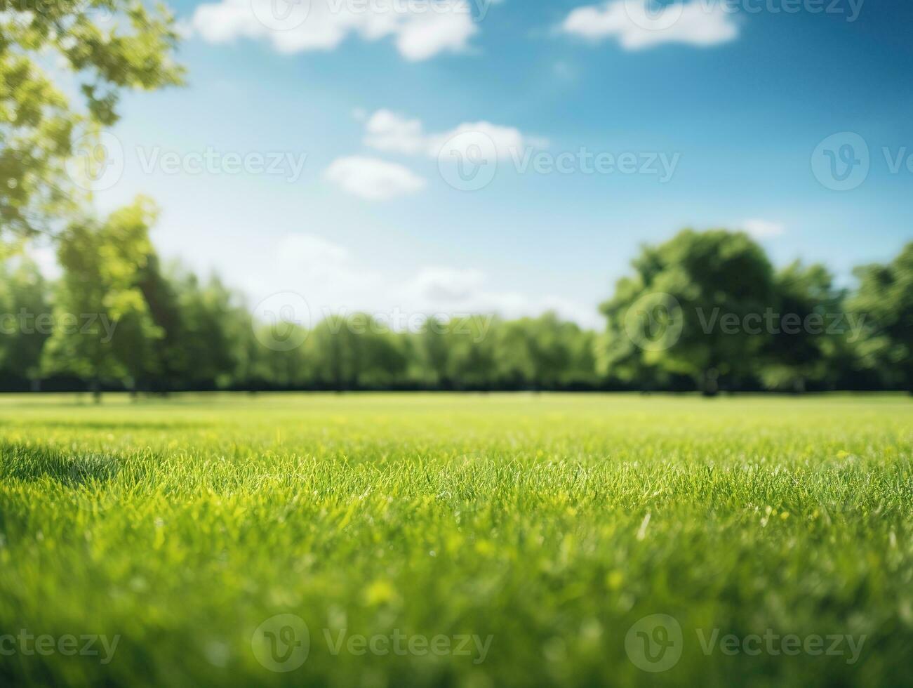 sfocato sfondo di primavera natura con un' bene rifilato prato contro un' blu cielo e nuvole su un' luminosa soleggiato giorno. generativo ai foto