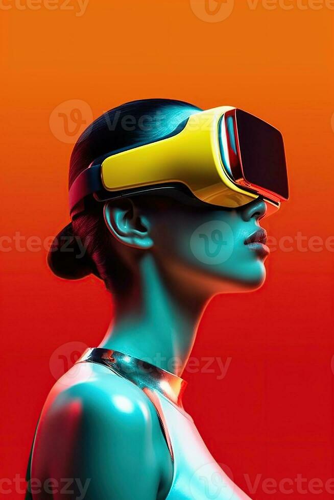 illustrazione di un' moda ritratto indossare un' virtuale la realtà vr cuffia. ai generato. foto