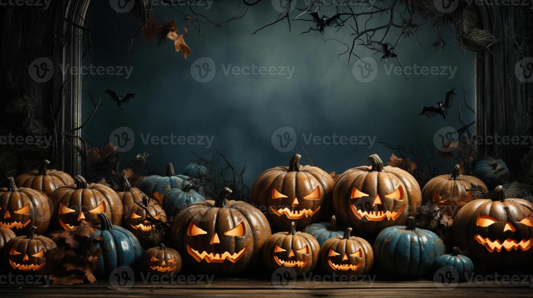 bello Halloween sfondo con zucche, pipistrelli, ragni e viola autunno le foglie e spazio per testo. generativo ai, foto