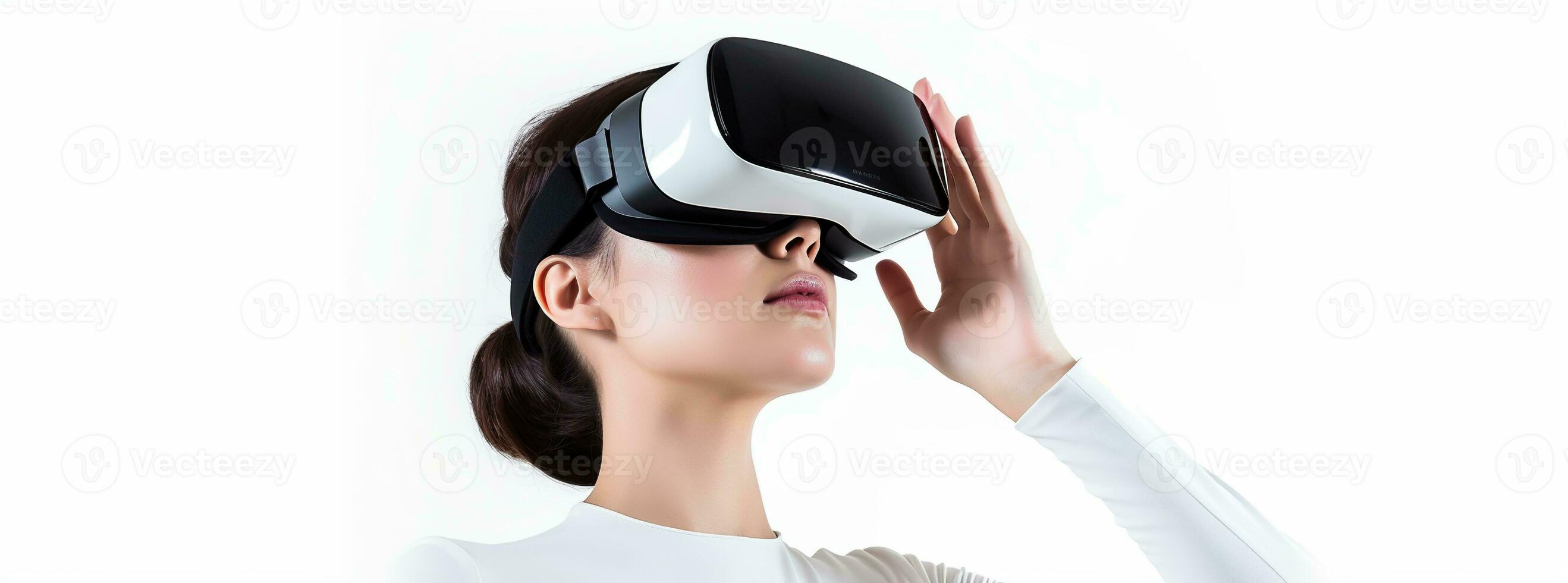 illustrazione di un' persona indossare un' virtuale la realtà vr cuffia, ai generato. foto