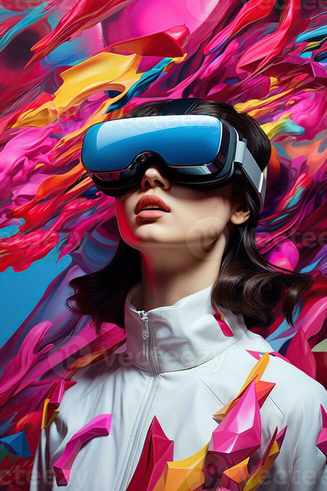 illustrazione di un' moda ritratto indossare un' virtuale la realtà vr cuffia. ai generato. foto