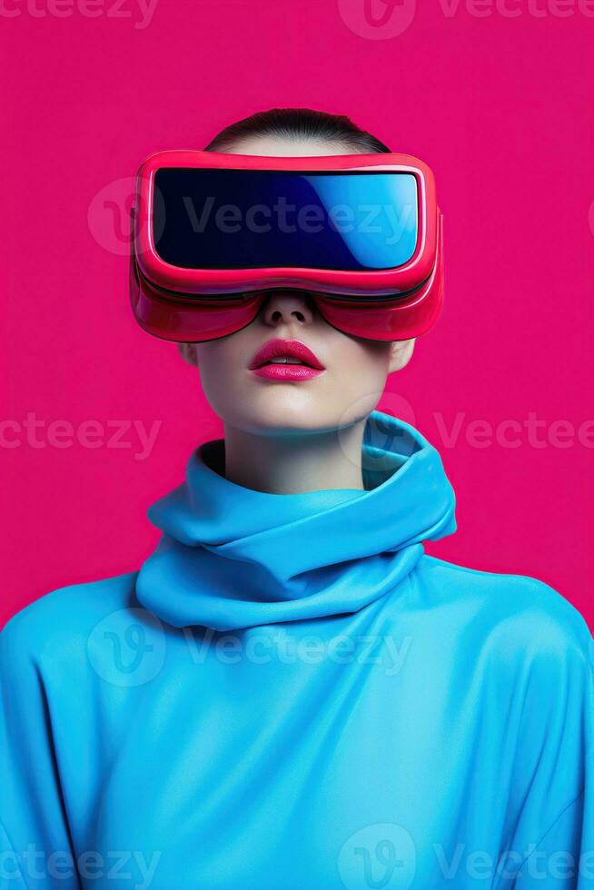 illustrazione di un' moda ritratto indossare un' virtuale la realtà vr cuffia. ai generato. foto