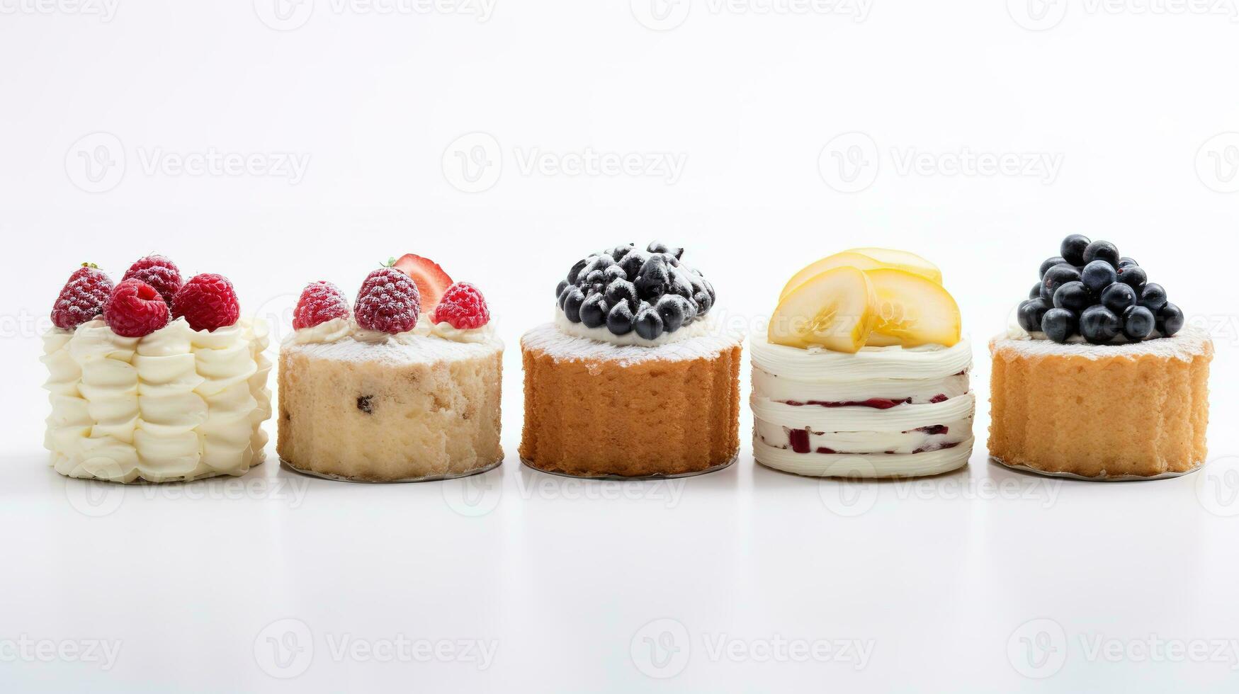 impostato di delizioso torte. piccolo dolce torte isolato su bianca sfondo. forno prodotti. bandiera design. generativo ai foto