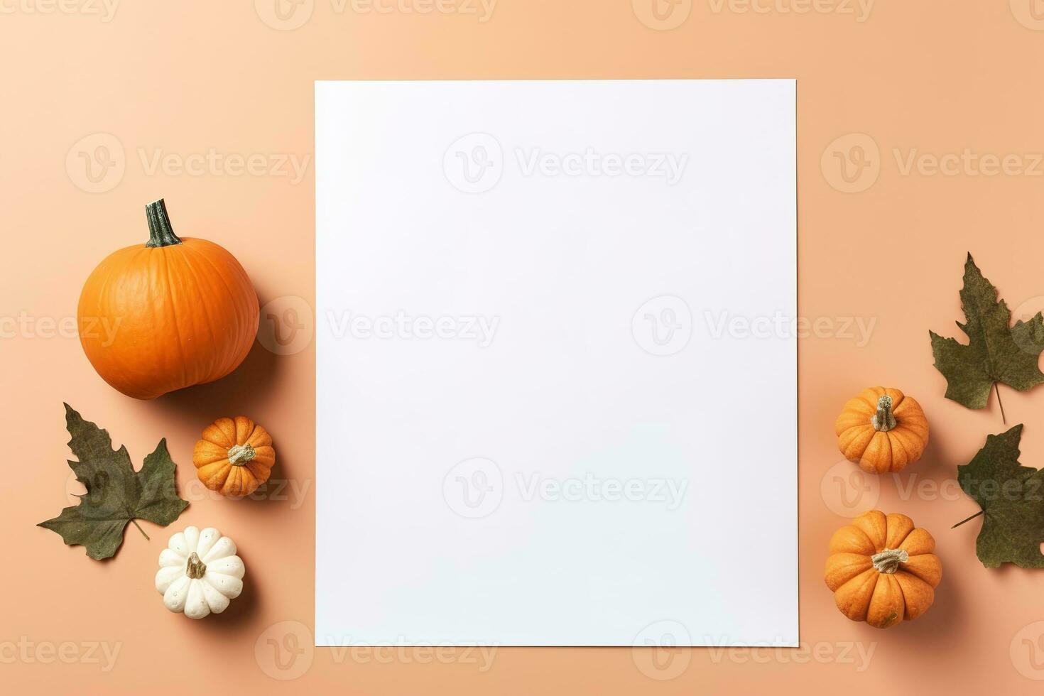 vuoto carta foglio con Halloween decorazioni su pastello sfondo. saluto carta, invito modello. posto per iscrizione. zucca. moderno minimo attività commerciale modello. superiore Visualizza. generativo ai foto