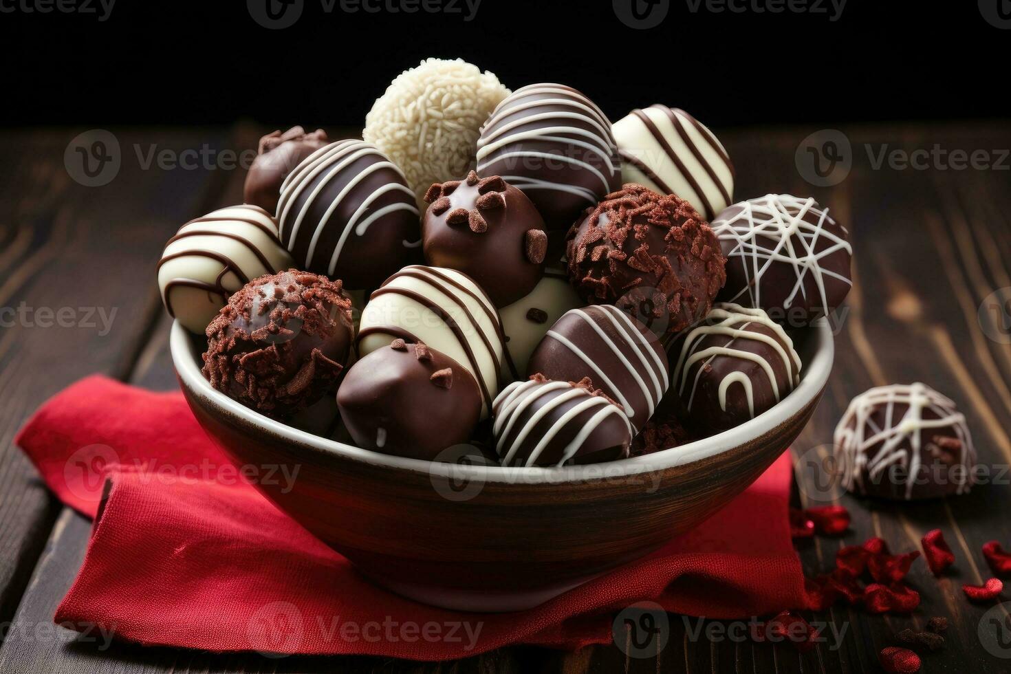 scuro, latte e bianca cioccolato caramelle, tartufi, assortito su di legno tavolo. dolce per San Valentino giorno. foto