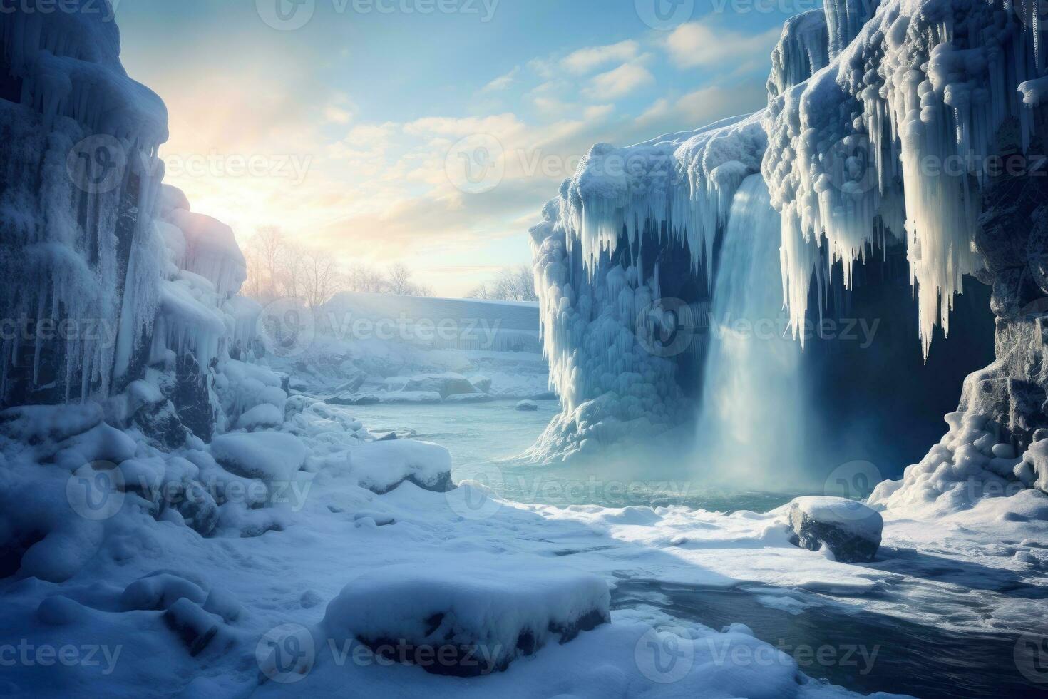 paesaggio di un' congelato cascata a alba foto