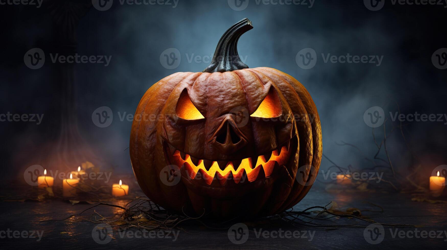 Halloween zucca testa jack-o-lanterna su buio sfondo. generativo ai foto