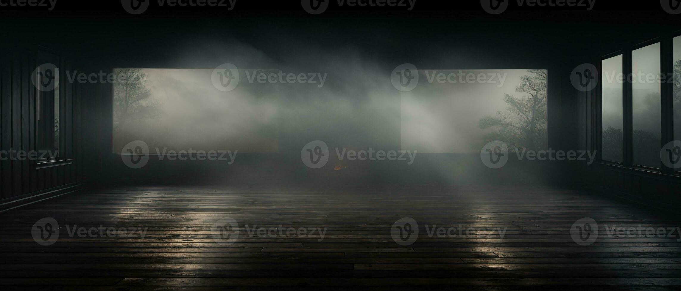sfocato sfondo di nebbia nel buio, Fumo, e nebbia su un' di legno pavimento. astratto e lunatico Halloween sfondo. generativo ai foto