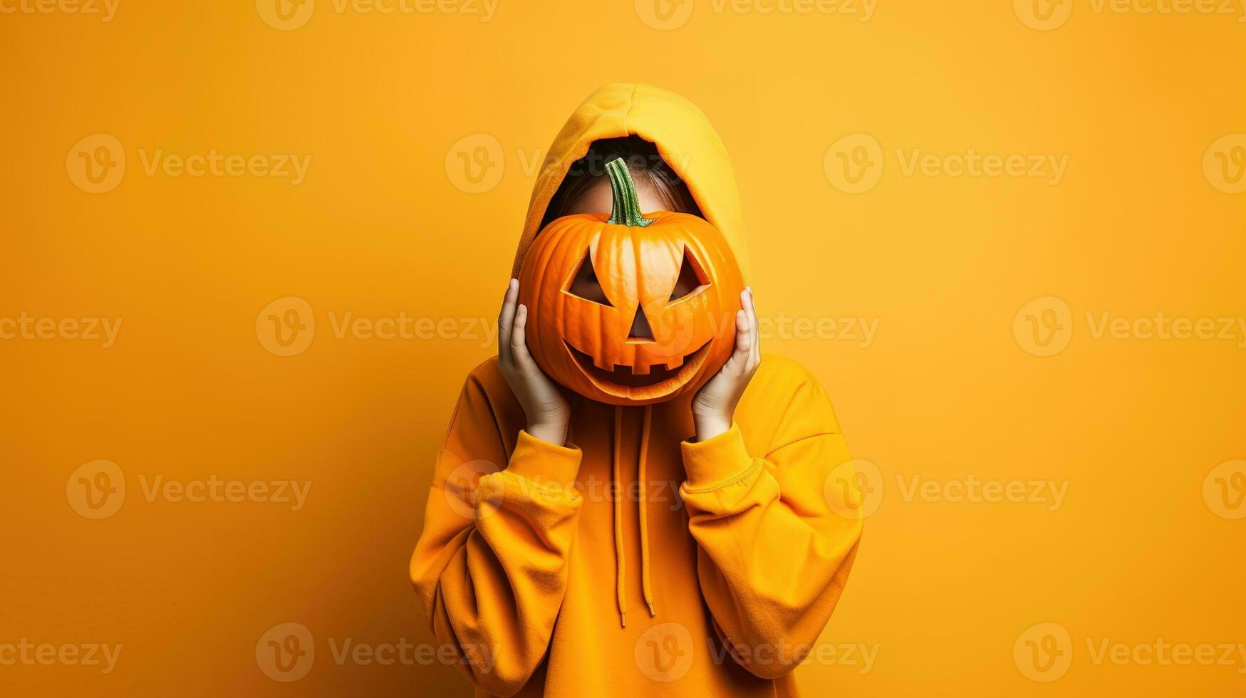 ritratto di un' donna con zucca testa. divertente giovane ragazza in piedi isolato su un' giallo sfondo, Tenere un' lavorato arancia zucca e nascondiglio sua viso dietro a esso. Halloween concetto. generativo ai foto