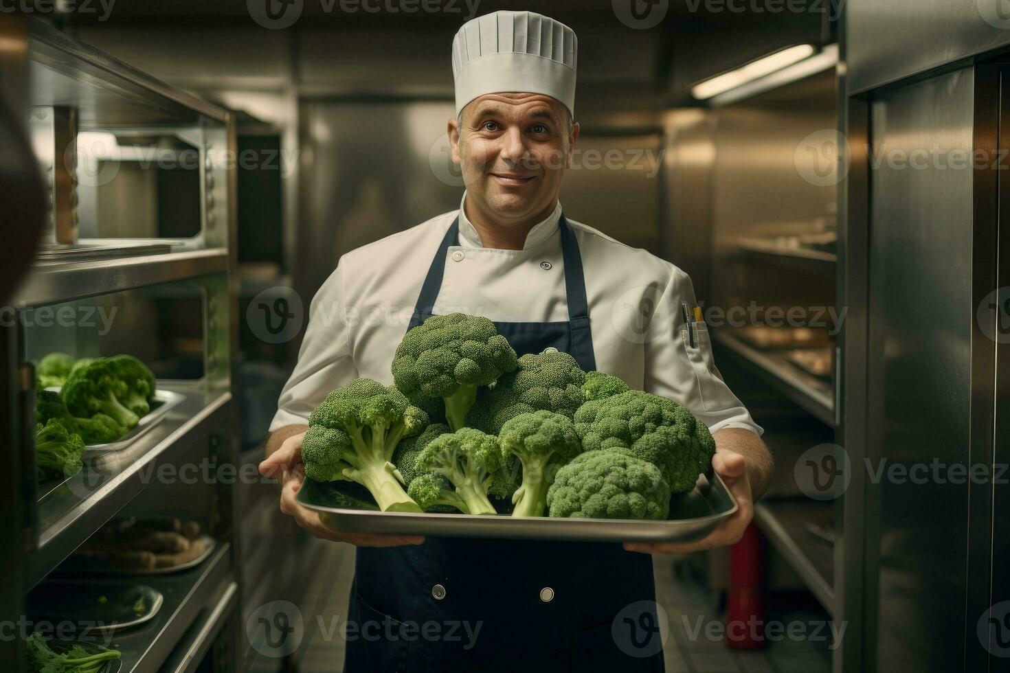 capocuoco Tenere un' vassoio pieno di broccoli dentro un' cucina. foto