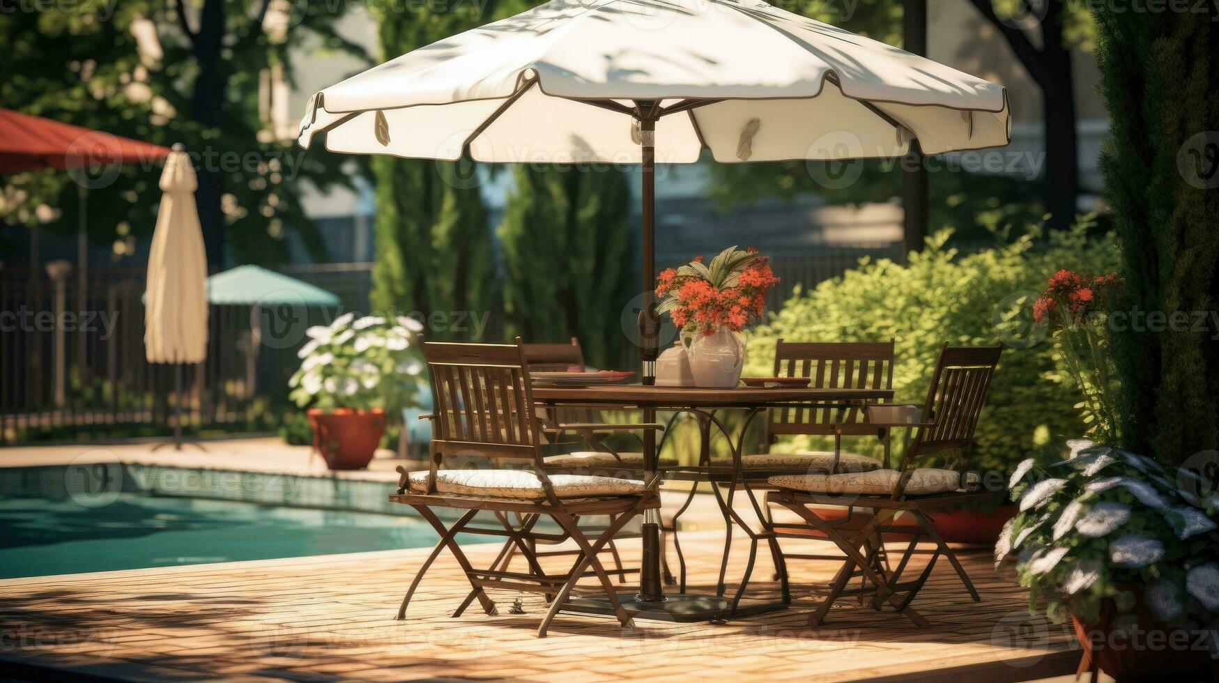 bar tavolo con sedia e parasole ombrello nel il giardino foto