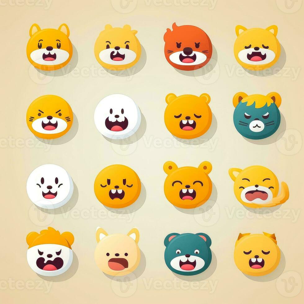 impostato di animale facce, viso emoji, adesivi, emoticon, cartoni animati divertente portafortuna personaggi viso impostare, generativo ai illustrazione foto