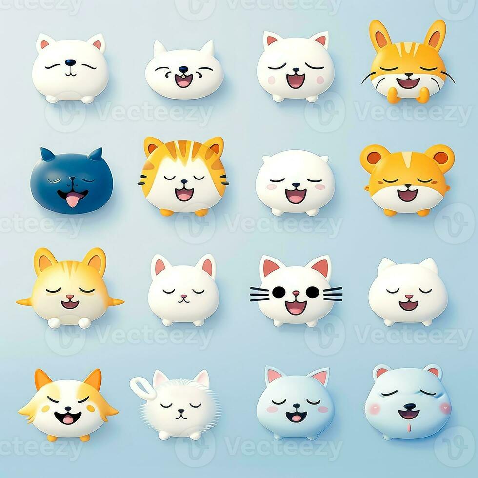 impostato di animale facce, viso emoji, adesivi, emoticon, cartoni animati divertente portafortuna personaggi viso impostare, generativo ai illustrazione foto