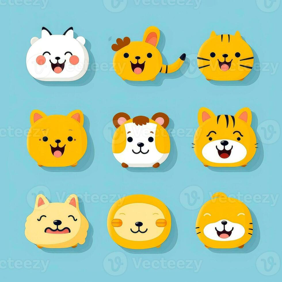 impostato di animale facce, viso emoji, adesivi, emoticon, cartoni animati divertente portafortuna personaggi viso impostare, generativo ai illustrazione foto