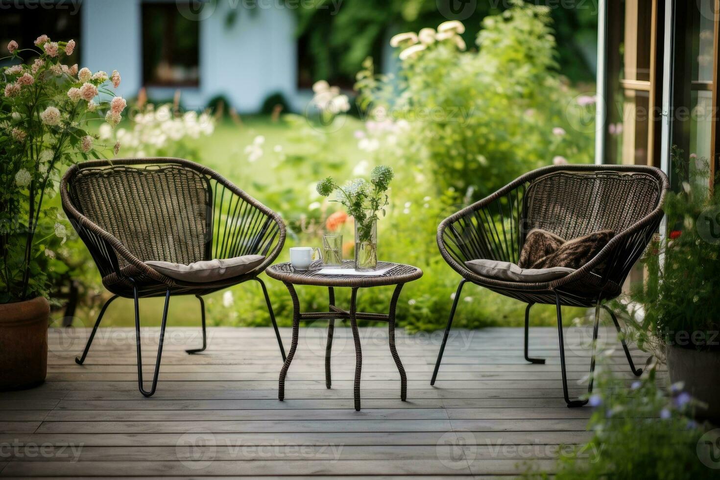 di vimini sedie e un' metallo tavolo nel un all'aperto estate giardino. foto