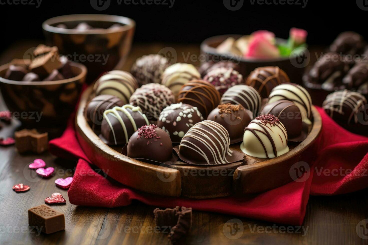 scuro, latte e bianca cioccolato caramelle praline tartufi, assortito su di legno tavolo. dolce per San Valentino giorno. foto