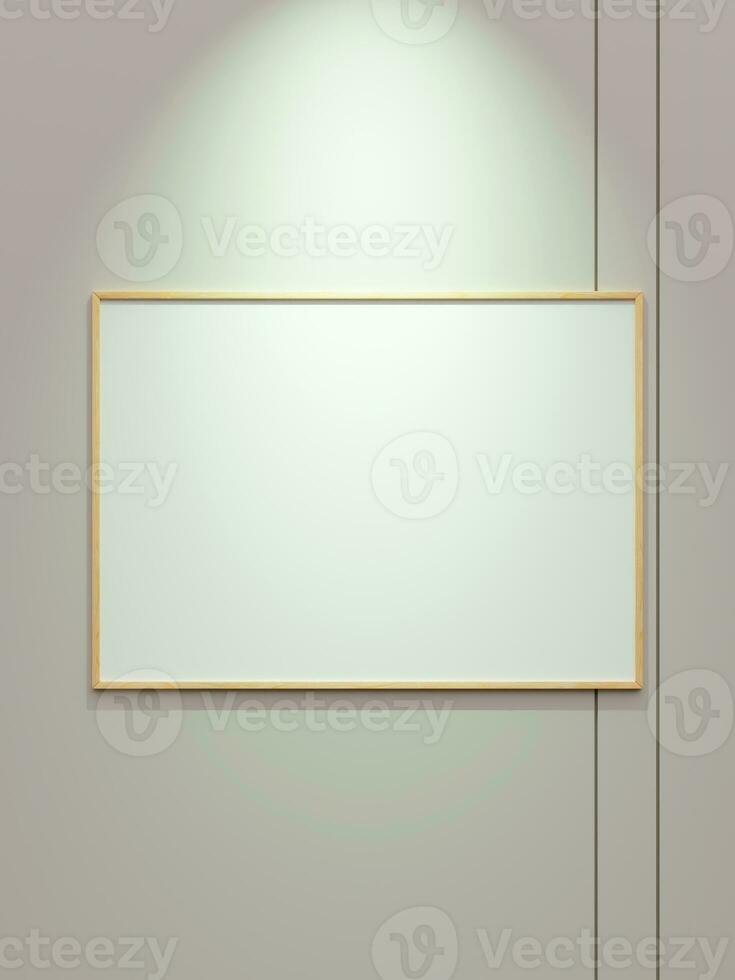 minimo di legno orizzontale immagine manifesto telaio modello su bianca sfondo con riflettore foto