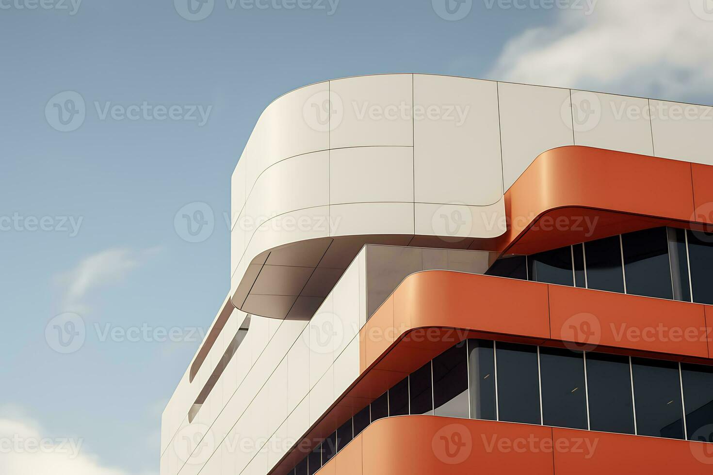 Basso angolo Visualizza di un' moderno bianca e arancia edificio sotto il luminosa cielo foto