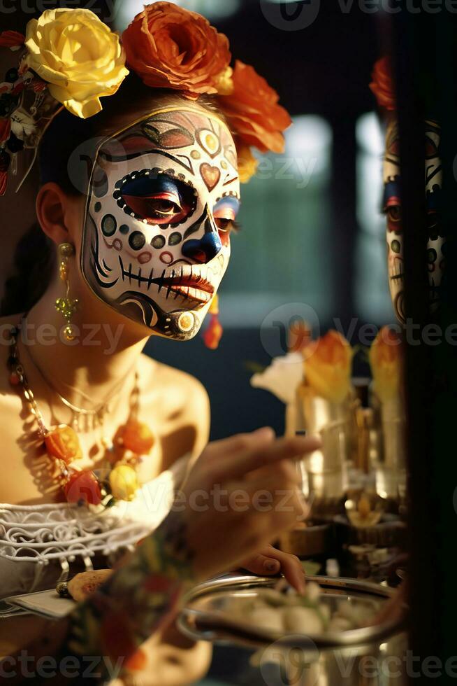 un' ragazza mette su sua viso trucco nel il modulo di un' cranio su il messicano tradizionale popolare vacanza giorno di il morto foto