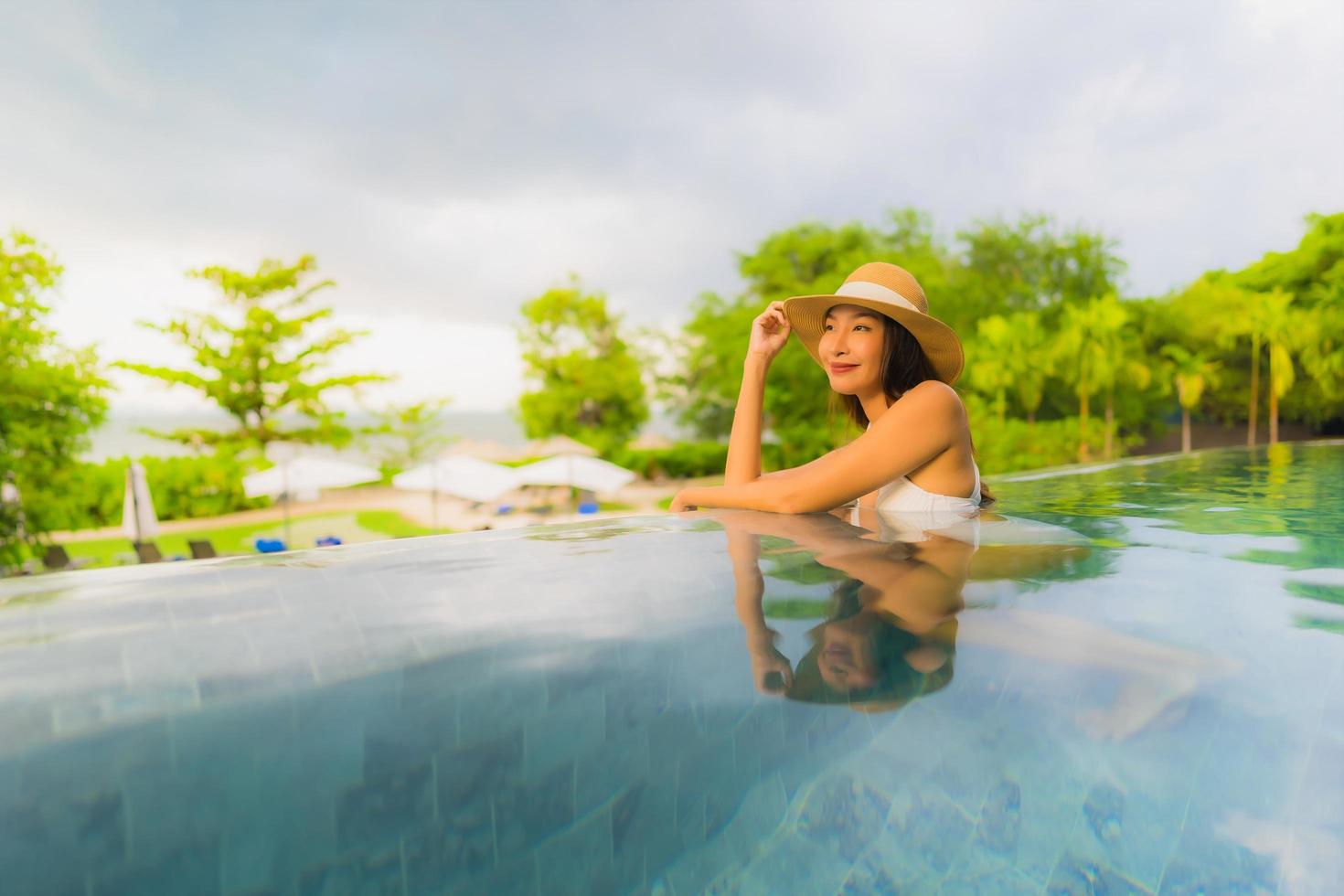 ritratto belle giovani donne asiatiche sorriso felice rilassarsi intorno alla piscina all'aperto in hotel foto