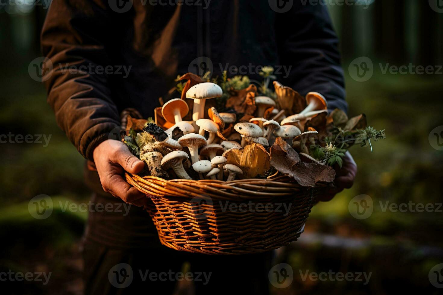 un' mano Tenere un' cestino pieno con appena foraggiato selvaggio funghi in mostra il abbondante tesori di il foresta foto