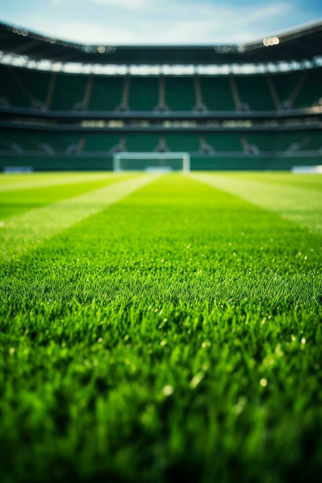 un' avvicinamento di un' calcio campo con fan nel il sta sfondo con vuoto spazio per testo foto