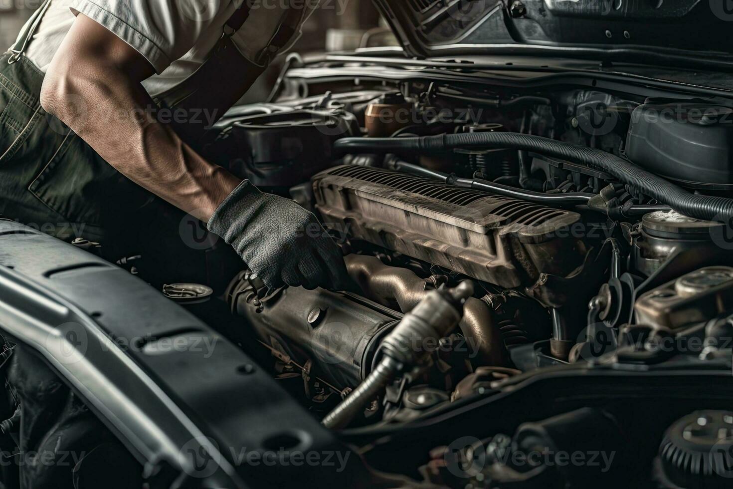 professionale meccanico Lavorando nel auto riparazione negozio. auto servizio e Manutenzione concetto. generativo ai foto