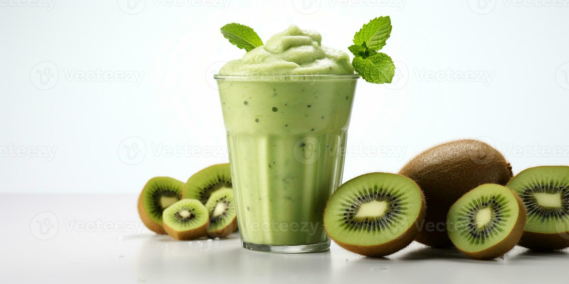 vicino su di fresco Kiwi succo con frutta su tavolo, isolato su bianca sfondo, ai generato foto