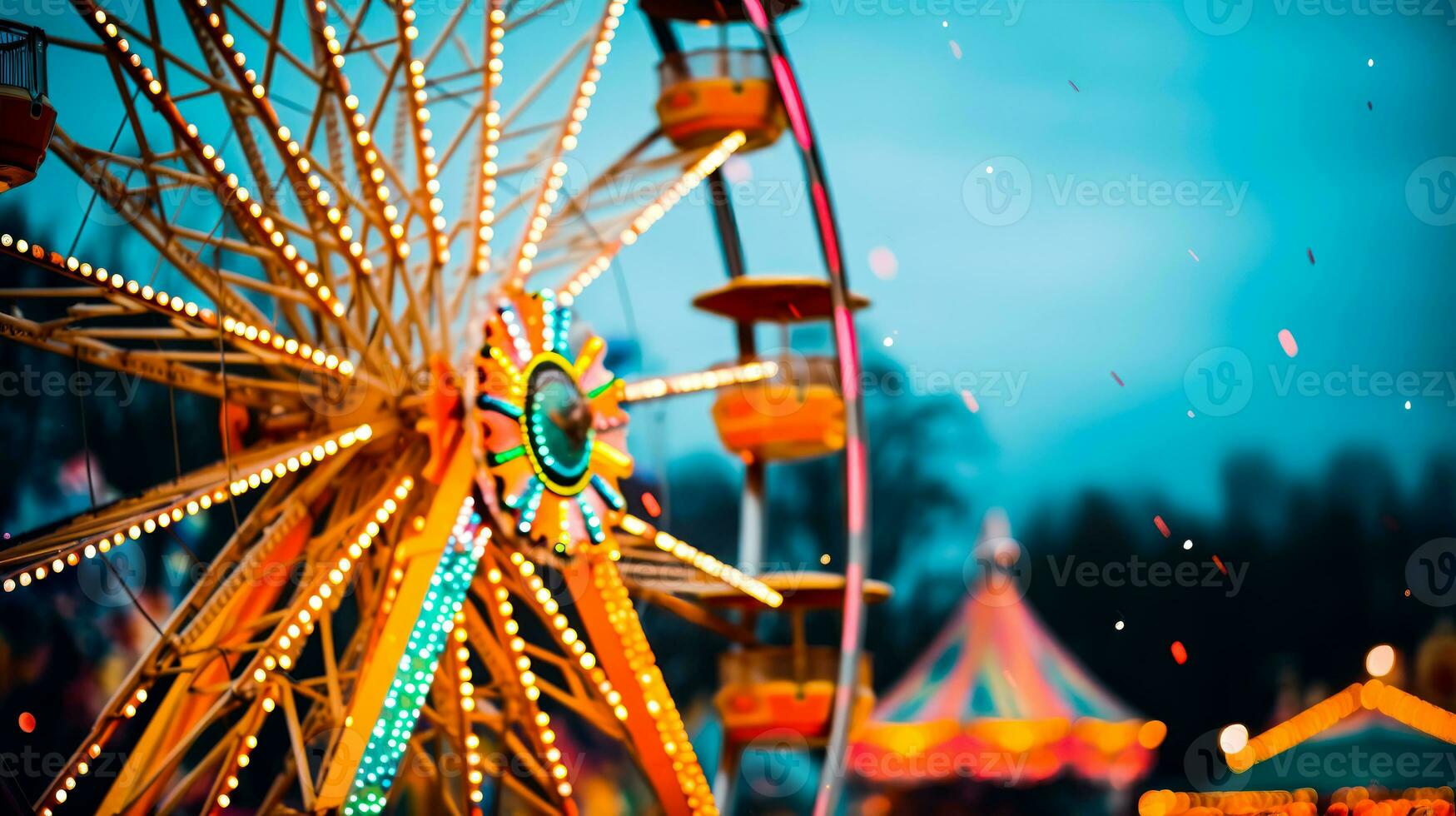 un' colorato e raggiante Ferris ruota nel movimento un' festivo e divertimento notte Visualizza di un' Monaco carnevale ai generativo foto