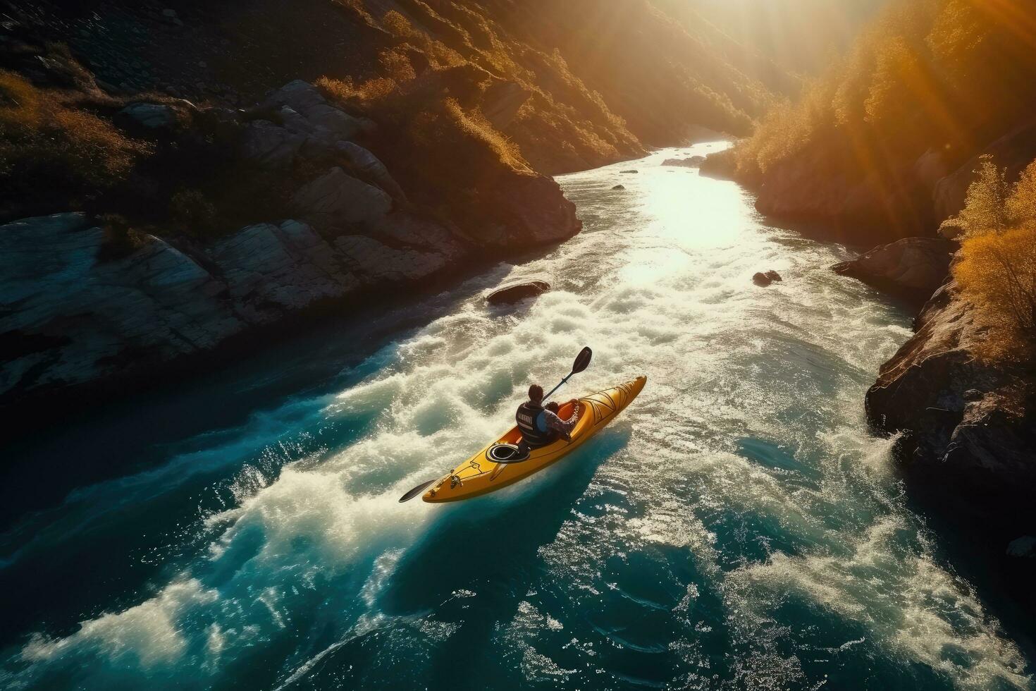 aereo Visualizza di un' uomo kayak su il montagna fiume. aereo superiore Visualizza estremo sport kayak vele montagna fiume con sole luce, ai generato foto