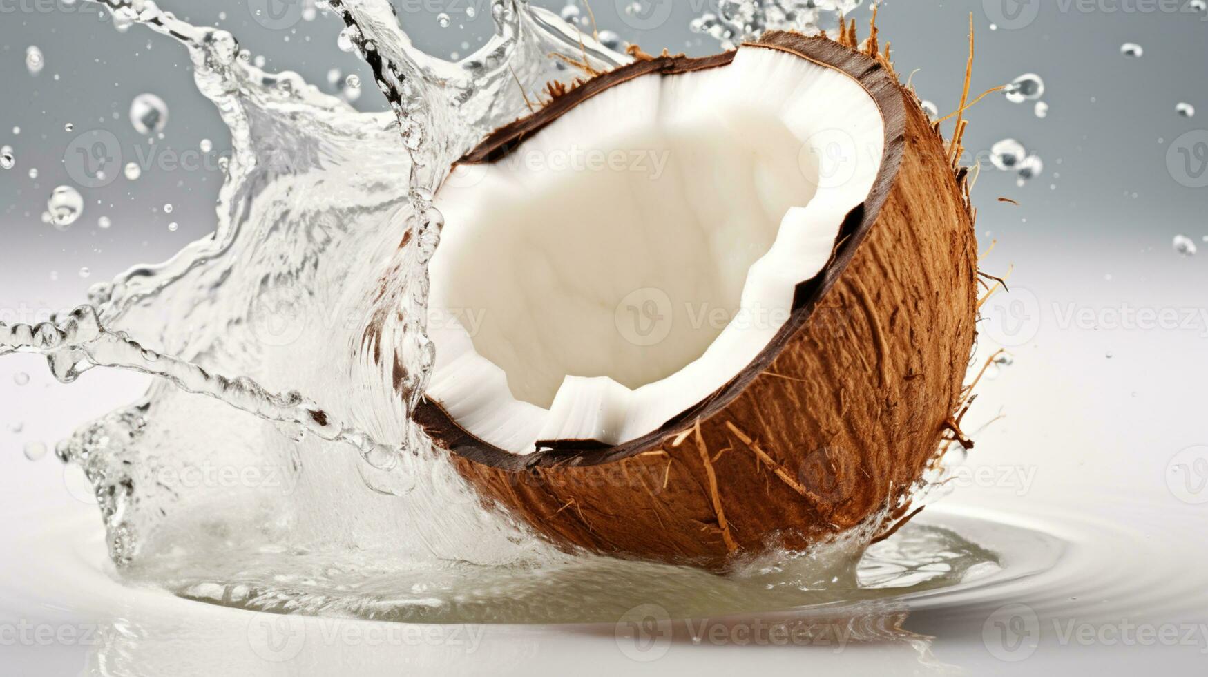 metà di un' Noce di cocco con acqua spruzzo isolato su sfondo, salutare tropicale cibo., ai generativo foto