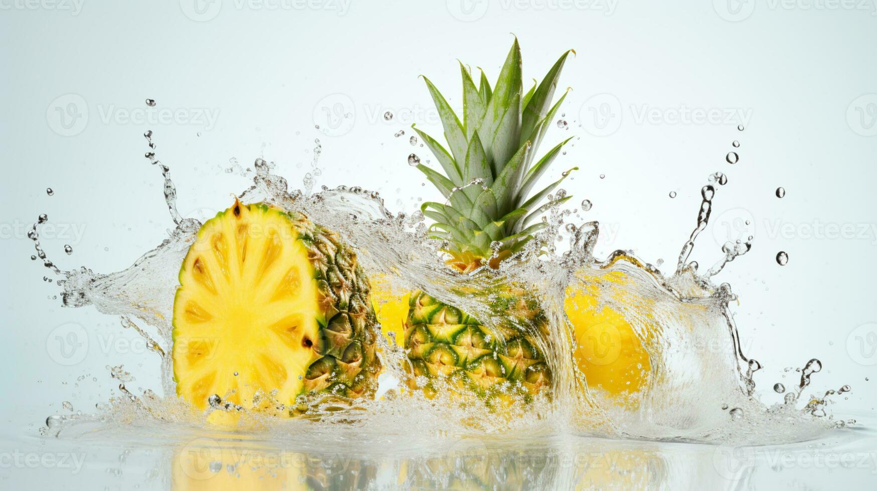 fresco succoso ananas frutta con acqua spruzzo isolato su sfondo, salutare tropicale frutta, ai generativo foto