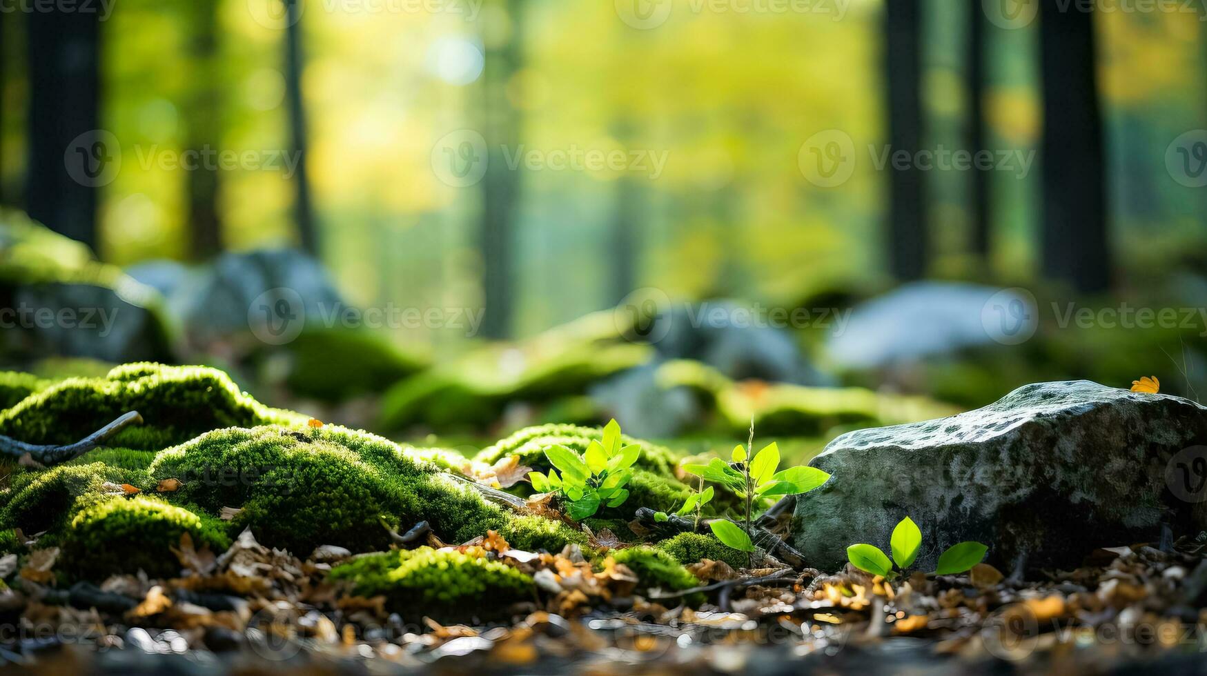 un' pittoresco foresta scena con caduto le foglie e coperto di muschio rocce sfondo con vuoto spazio per testo foto