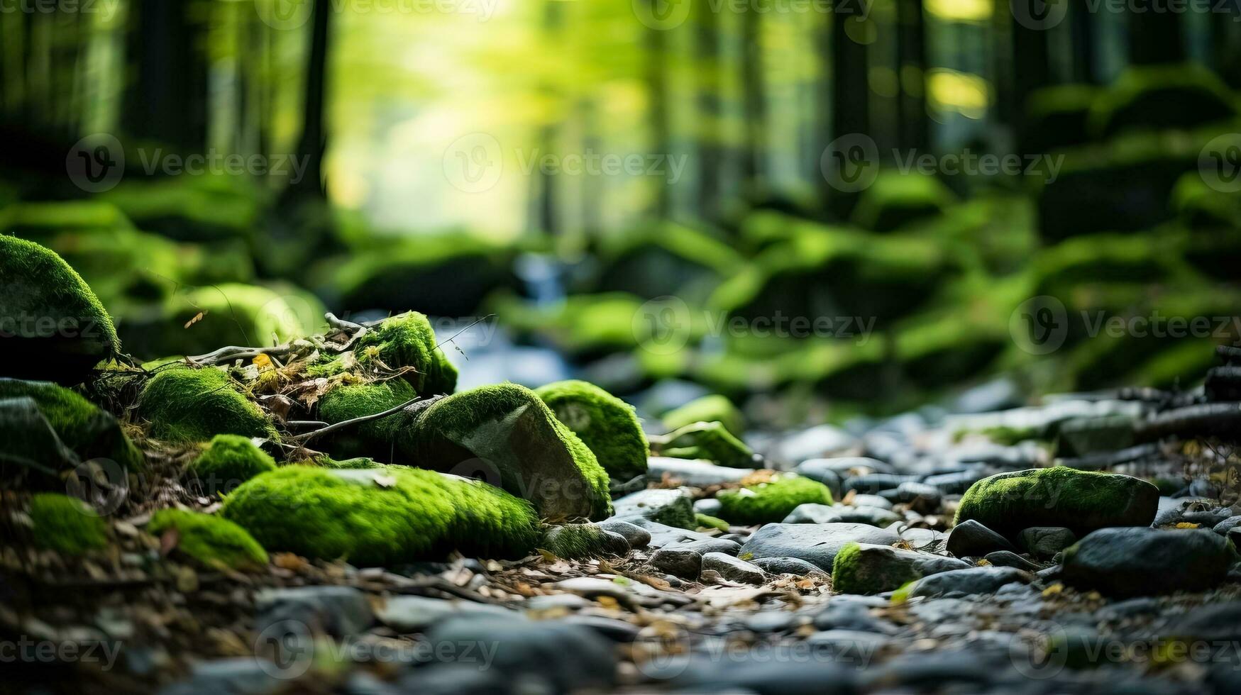 un' pittoresco foresta scena con caduto le foglie e coperto di muschio rocce sfondo con vuoto spazio per testo foto