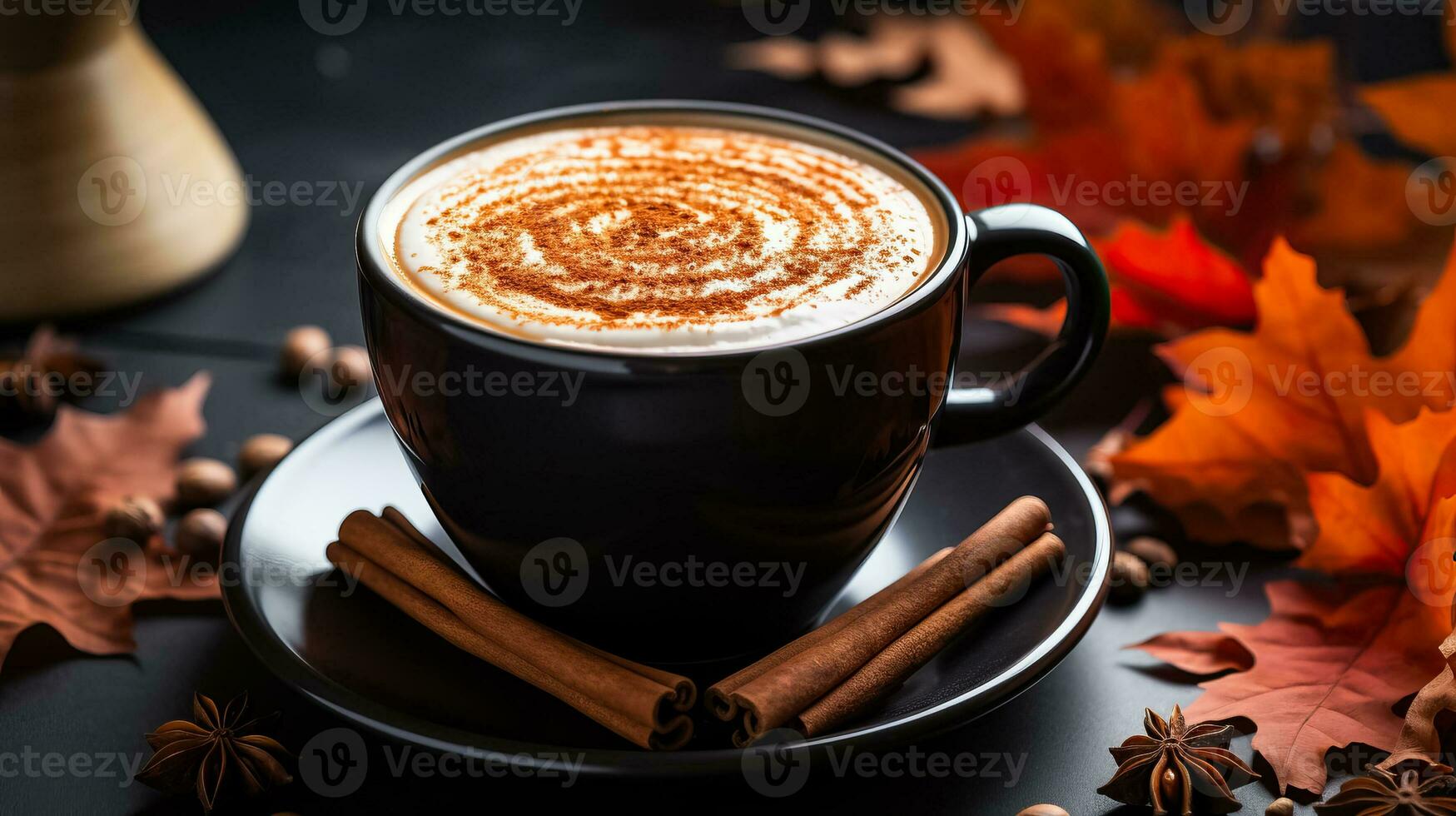 un' accogliente nero boccale pieno con cottura a vapore zucca Spezia latte macchiato cannella bastoni e autunno le foglie sparpagliato in giro foto