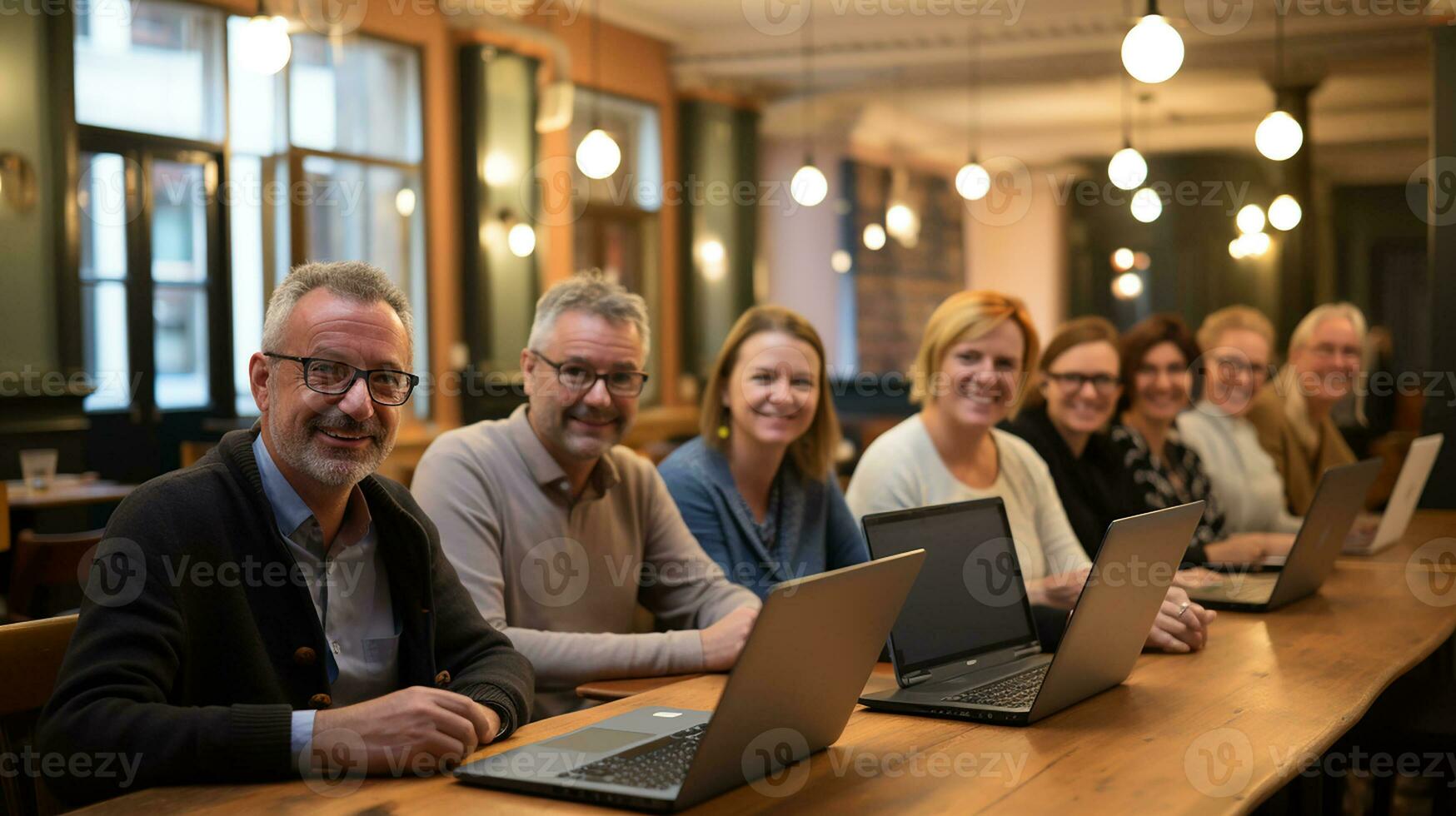 seminario contento adulti su laptop. generativo ai foto