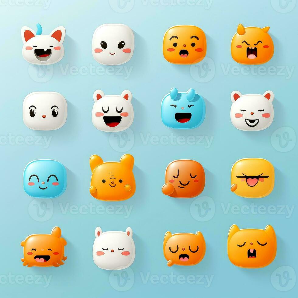 impostato di animale facce, viso emoji, adesivi, emoticon, cartoni animati divertente portafortuna personaggi viso impostare, generativo ai illustrazione foto