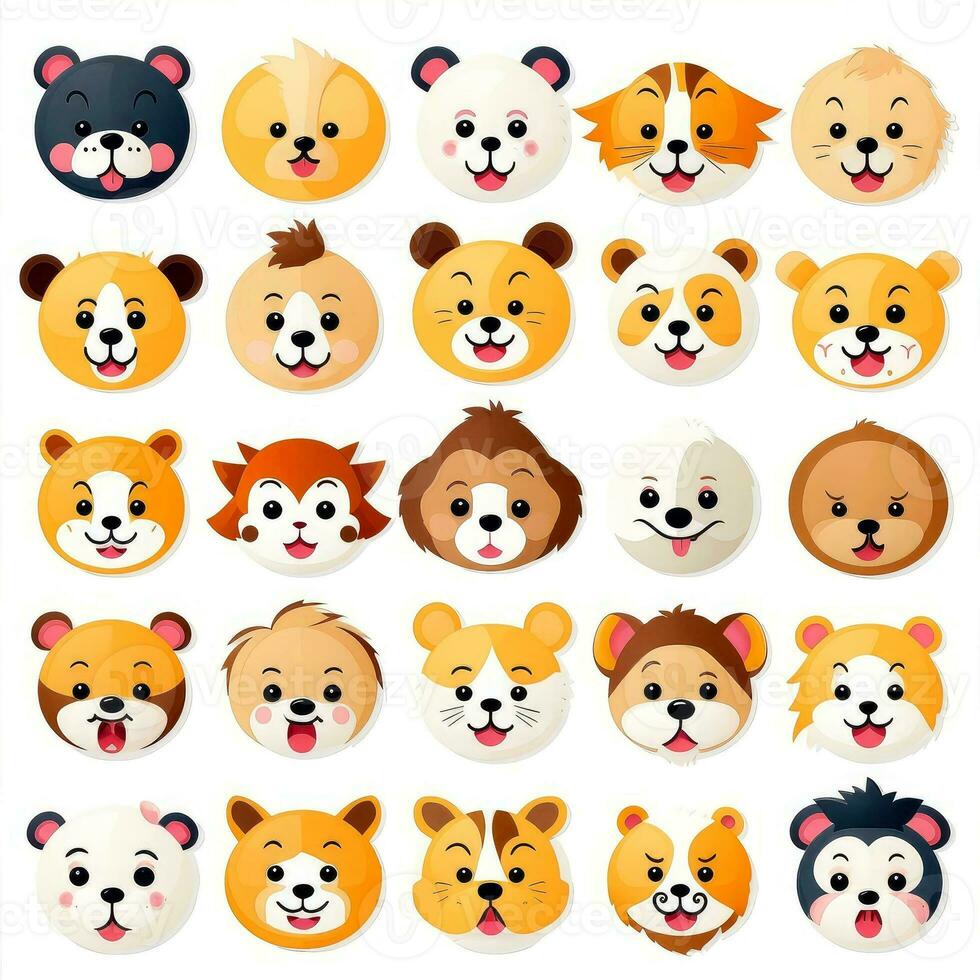 impostato di animale facce, viso emoji, adesivi, emoticon, cartoni animati divertente portafortuna personaggi viso impostare, generativo ai illustrazione foto