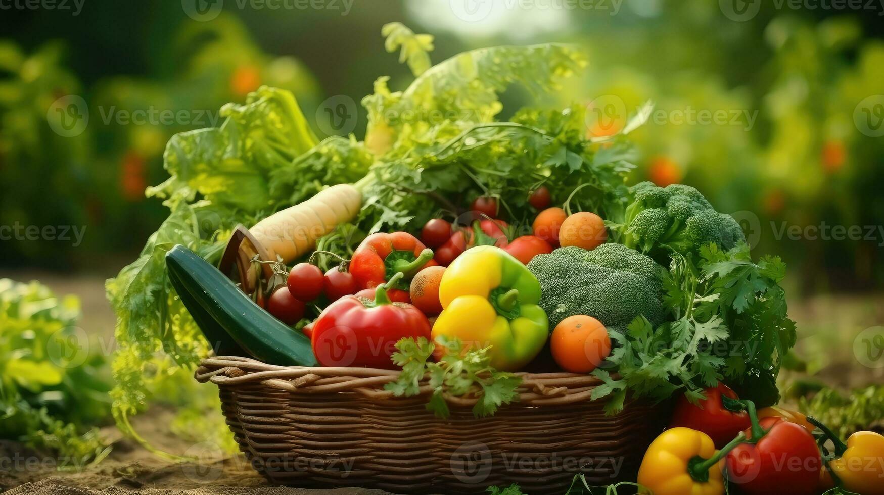 cestino con fresco verdure su di legno tavolo nel giardino, avvicinamento foto