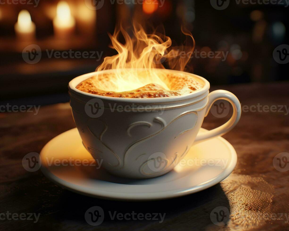 fiammeggiante cappuccino su un' di legno tavolo un' foto realistico Immagine di un' caldo e aromatico bevanda ai generativo