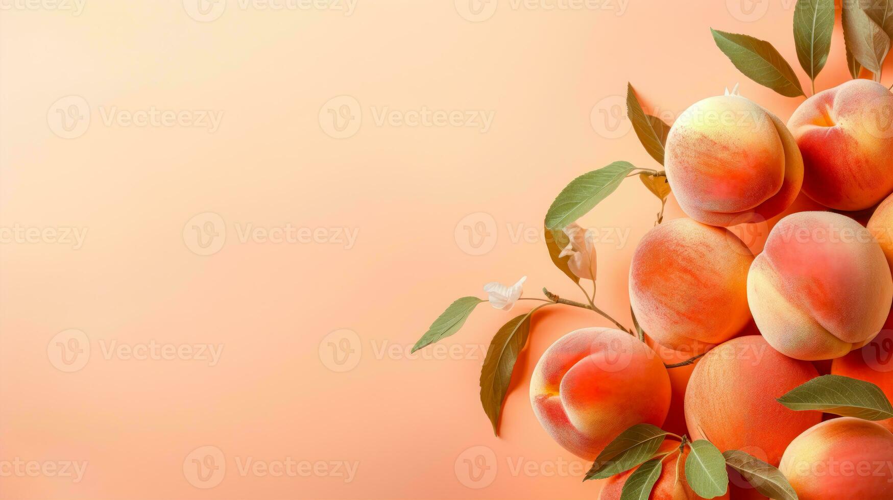 un' mazzo di Pesche su un' ramo con le foglie con un' rosa e arancia colore schema ai generativo foto