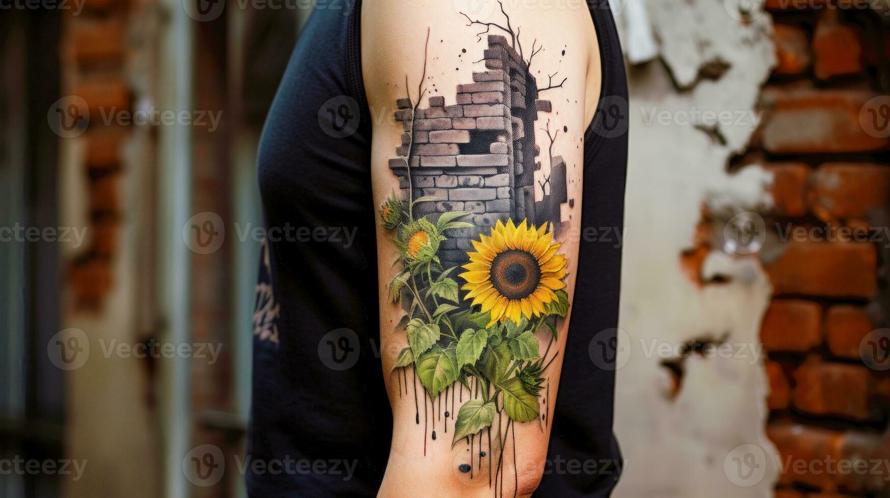 appassito girasoli nel un' rovinato città graffiti stile tatuaggio su spalla ai generativo foto