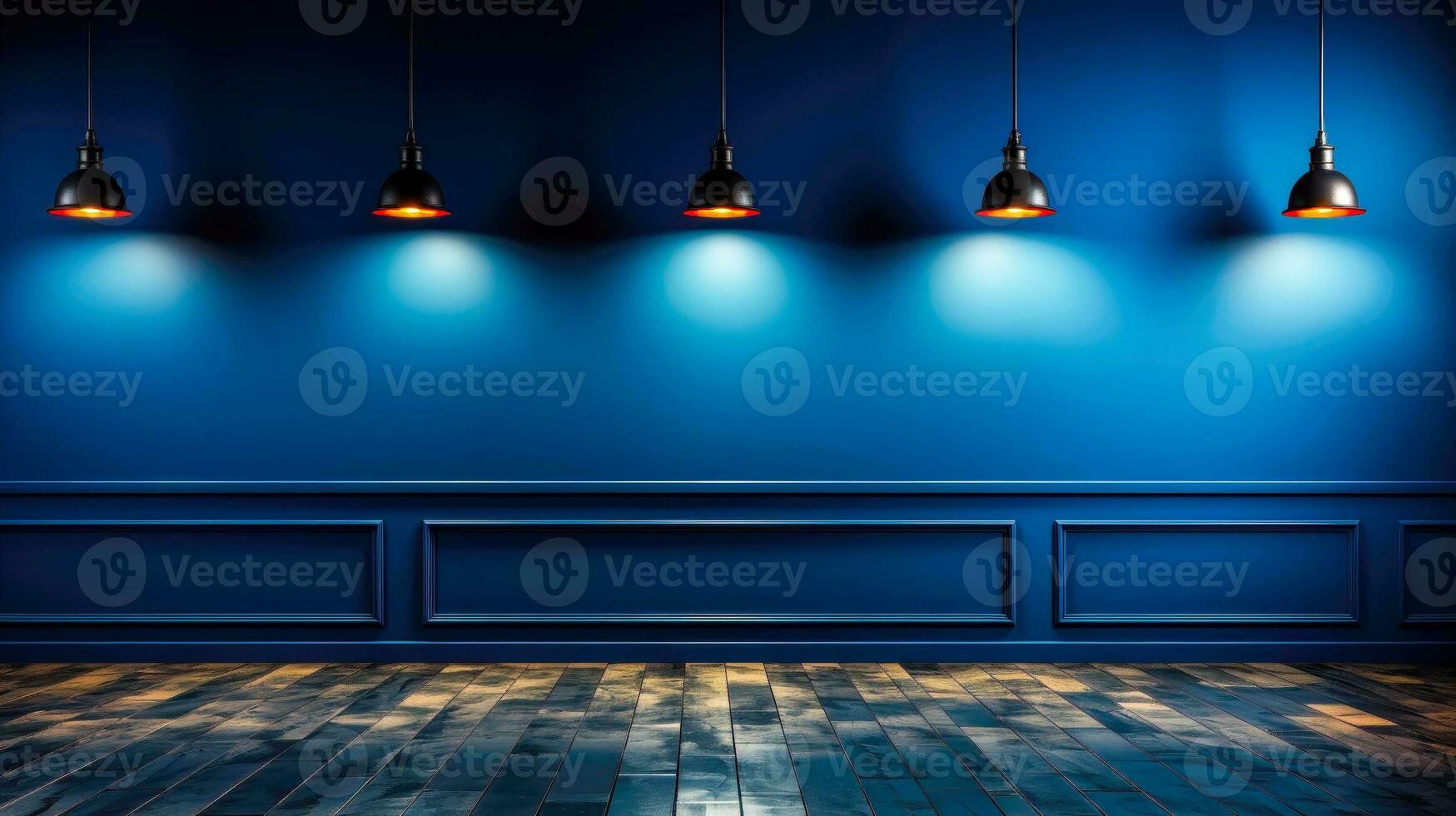 di legno pavimento e blu parete con arancia lampade un' elegante e Vintage ▾ sfondo per interno spazio ai generativo foto